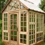 A rustic greenhouse made from up-cycled windows.