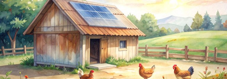 A chicken coop with a solar panel mounted on the roof for cooling.